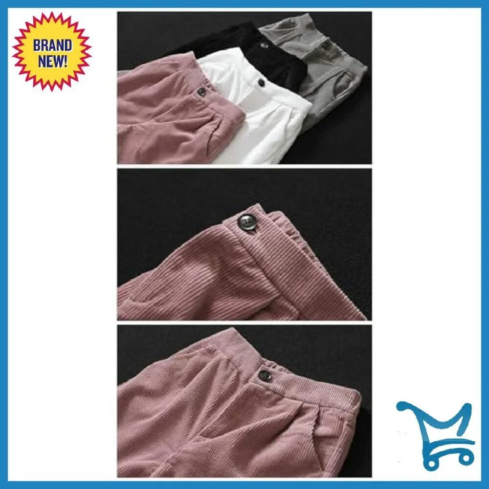 Cropped Corduroy Pants Elastic Waist Straight Leg with Pockets